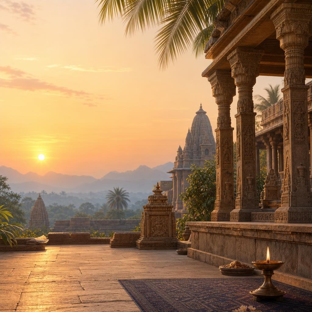Sunrise over a carved Indian temple courtyard